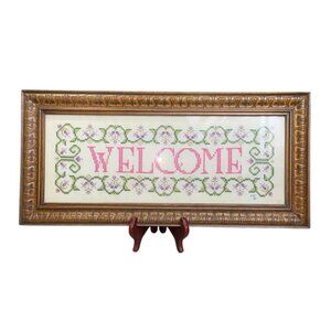 VTG? 1984? Hand Made "Welcome" Cross Stitch Plastic Framed Pink Green 22.5' L